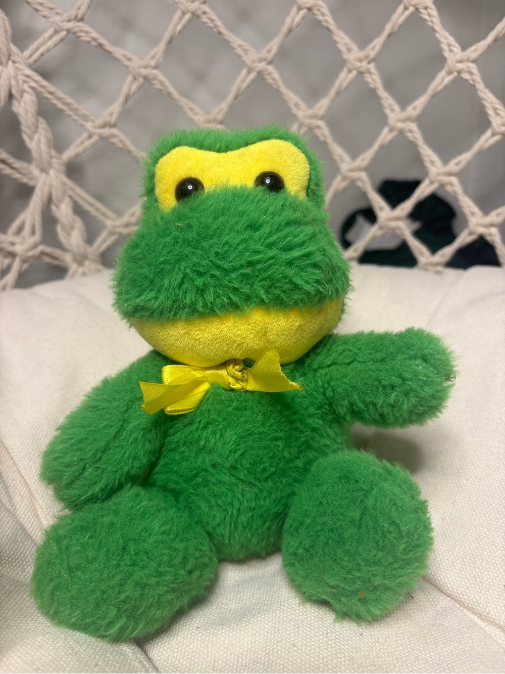 Green Plush Frog Pet Toy with Yellow Accent